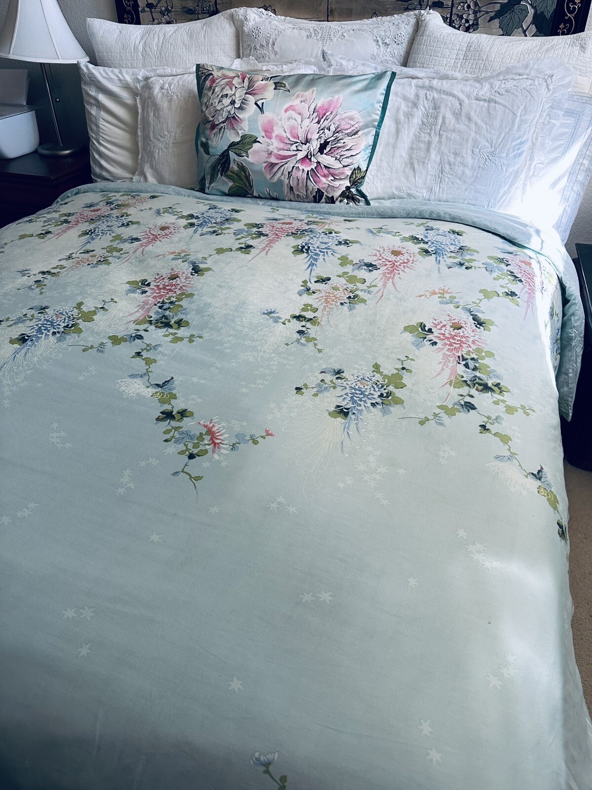 Vintage Cotton Sateen Queen Shanghai Duvet Cover Aqua Zen Asian Floral NWOT