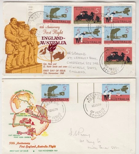 AUSTRALIA 1969 *50th ANNIVE 1st FLIGHT to ENGLAND* official FDCs 1) gutter-pair