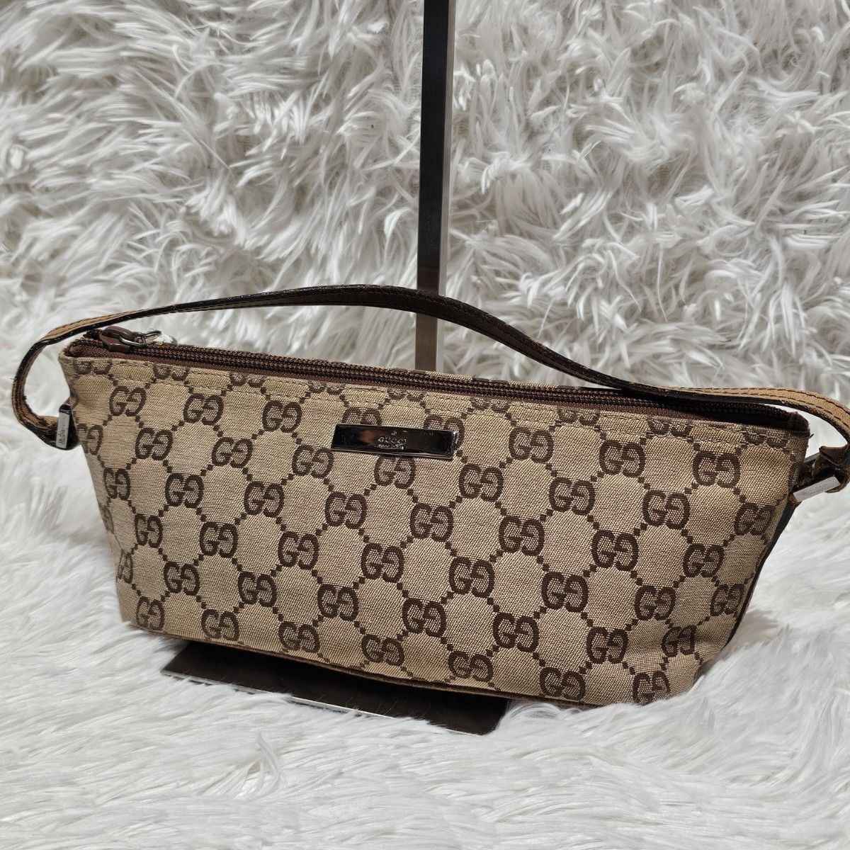 Gucci GG Canvas Mini Accessory Pouch Brown Leather Trim Handbag Vintage Auth
