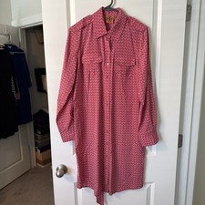 Tory Burch Shirt Dress Womens 10 Pink Geometric T Logo Belted Roll Tab Sleeves