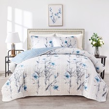 Botanical Quilt Set 3 Pieces Full/Queen Size, Blue Flower Branch on White Rev...