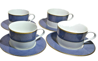 Set 4 Block Spal Portugal Blue Skies Cups & Saucers Cobalt w Gold Rims