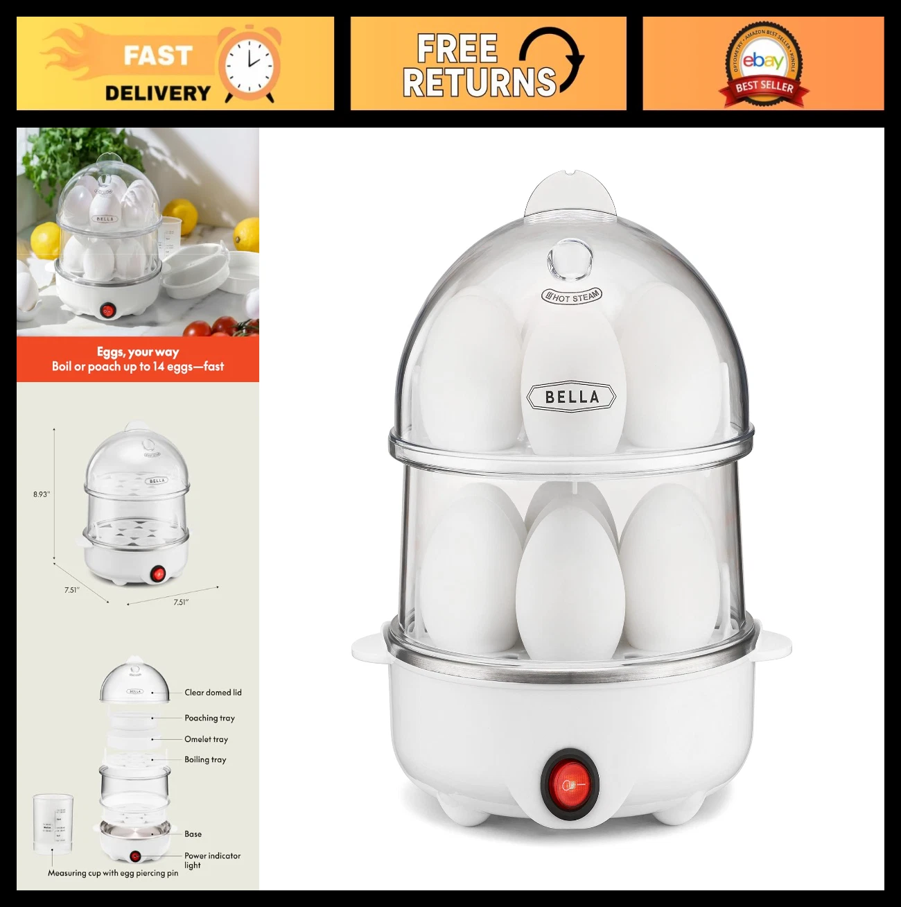 Electric Egg Cooker & Omelet Maker - Auto Shut Off, 14 Egg Capacity, Poached & B