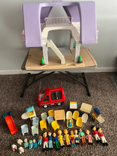 Vintage Little Tikes Doll House 1989 Purple Roof 2 Story 39 Piece Accessory Lot