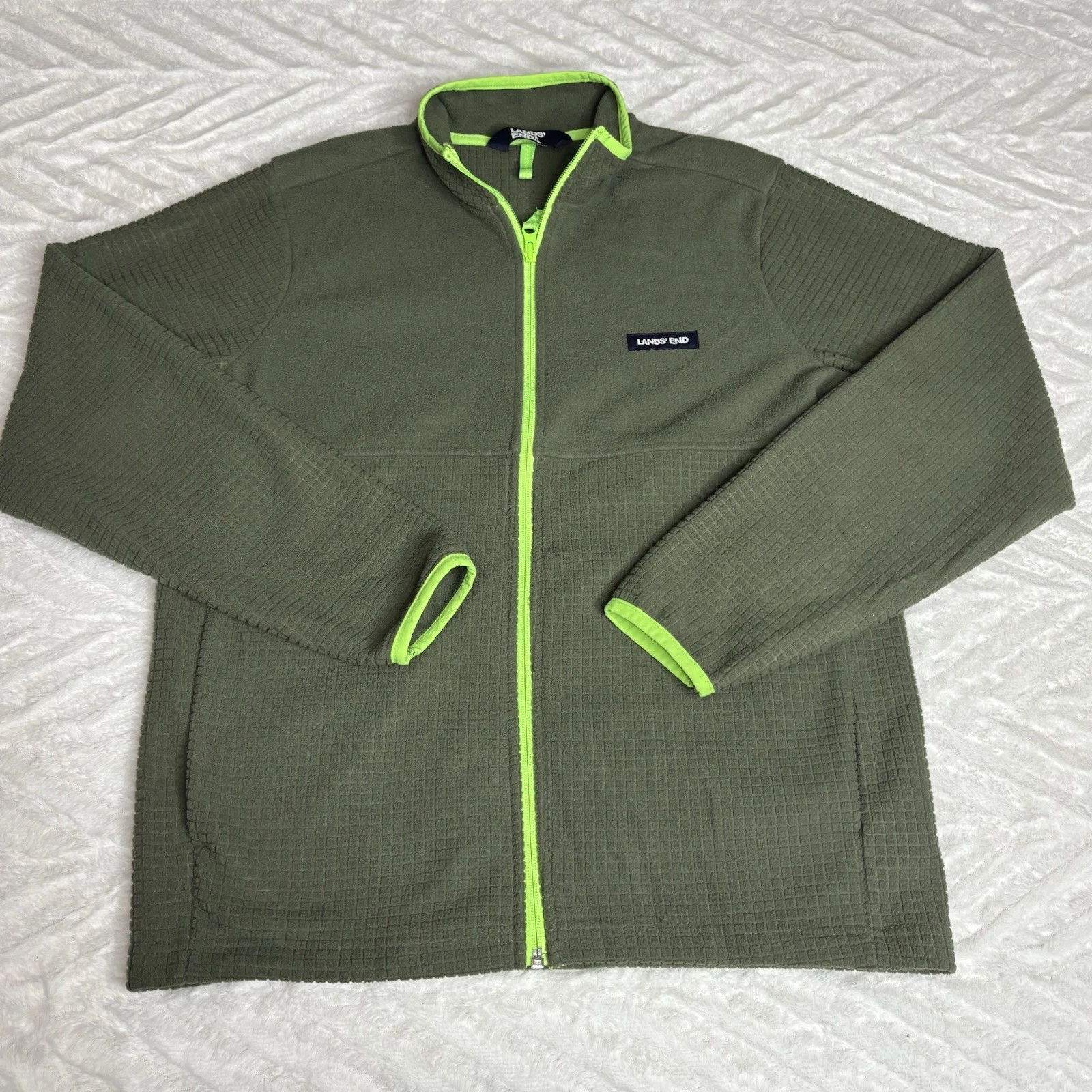 Land's End Fleece Jacket Men's Long Full Zip Green Outdoors Hiking Gorpcore SZ S