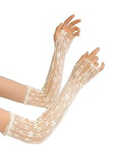 Women's Sheer Lace Tulle Gloves Fingerless Elbow Length One Size Flower Beige
