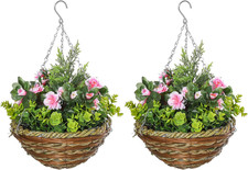 Outsunny Pack of 2 Hanging Basket Fake Flowers with Lisianthus, Eucalyptus & ...