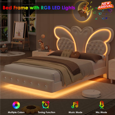 Platform Bed Frame Full Size Butterfly LED Adjustable Headboard for Kids Beige