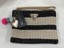 GUESS Woven Clutch Wristlet Black Beige Stripe Pom-pom Heart-shaped Keychain.  