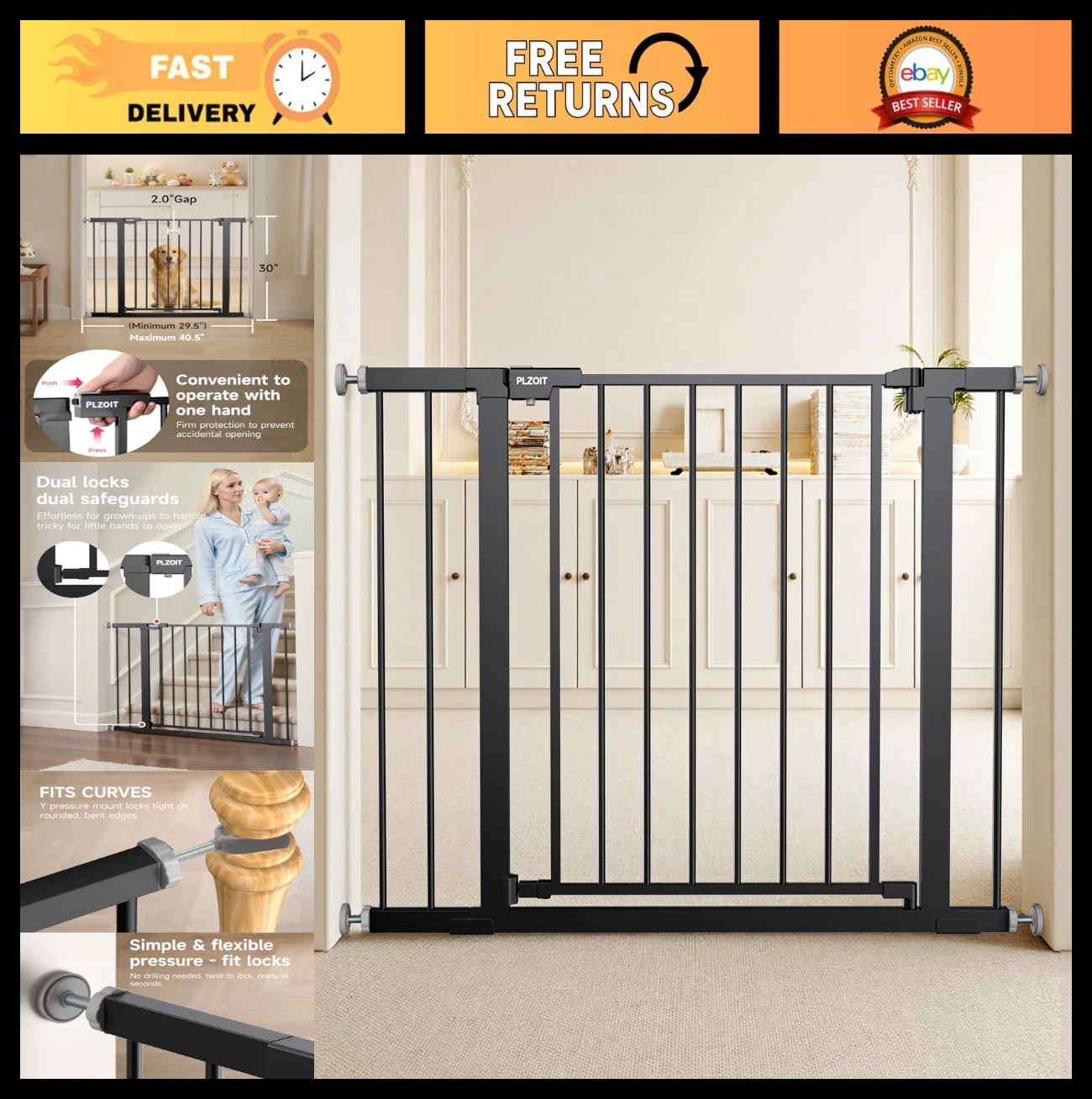 Adjustable 29.5-40.5" Baby Gate & Dog Gate - Auto Close Metal Safety Barrier for