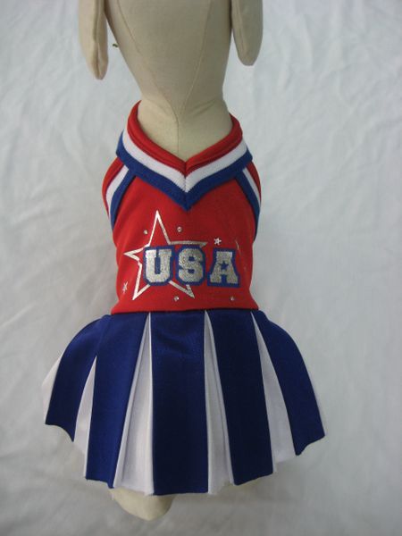 Patriótico Perro Disfraz Team Eua Animadora Rojo Azul Falda Plisada Metálica