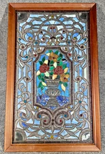 VINTAGE LARGE STAINED GLASS TALL Flower  38" x 23" ~ Framed
