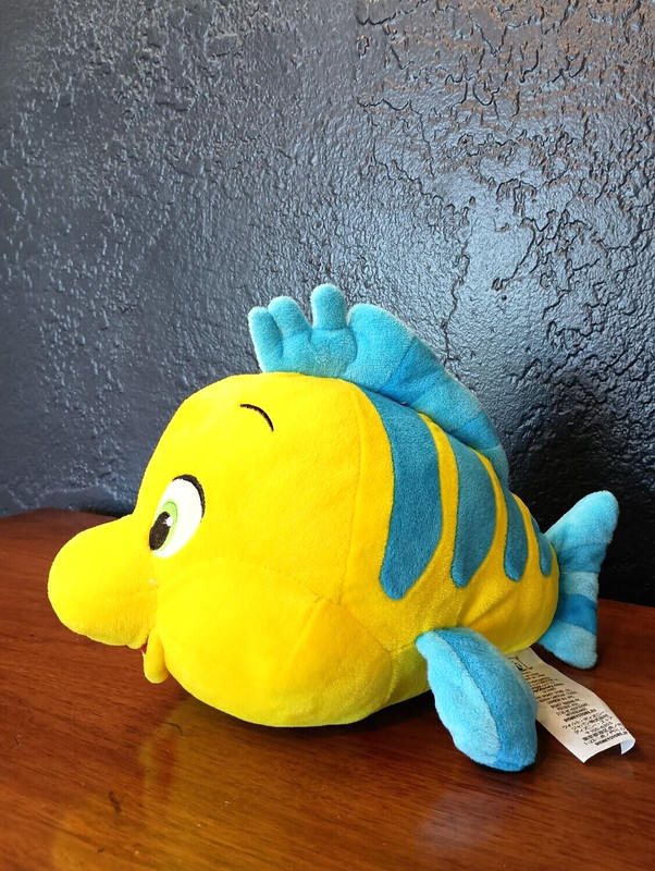 THE LITTLE MERMAID FLOUNDER PLUSH - DISNEY STORE Soft Animal Toy Yellow & Blue