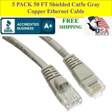 5 PACK 50 Ft Cat5e Gray Shielded Ethernet Patch Cable RJ45 Gold Connectors AWG
