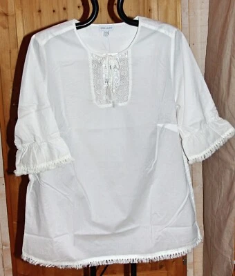 TUNIQUE COTON BLANC DENTELLE POMPONS FRANGES GINA LAURA T 3XL 58/60 NEUF - Photo 1/4