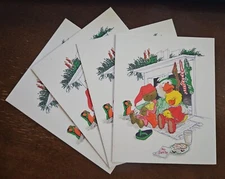 4 Vintage Suzy's Zoo Christmas Cards, cute characters sleeping by fireplace