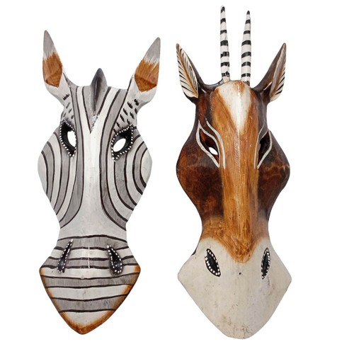Antelope Zebra Mixed Set 2 Animal Wood Masks Safari Wall Decor Holder No. 07 - Picture 2 of 13