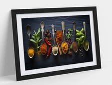 HERBS AND SPICES IN SPOONS, KITCHEN ART -FRAMED WALL ART POSTER PAPER PRINT
