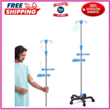 IV Pole with Wheels Tray Stand Portable 4 Hooks 5 Wheels IV Fluid Bag Stand Pole