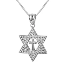 Sterling Silver Star Of David with Cross Pendant / Charm, Made in USA, Box Chain