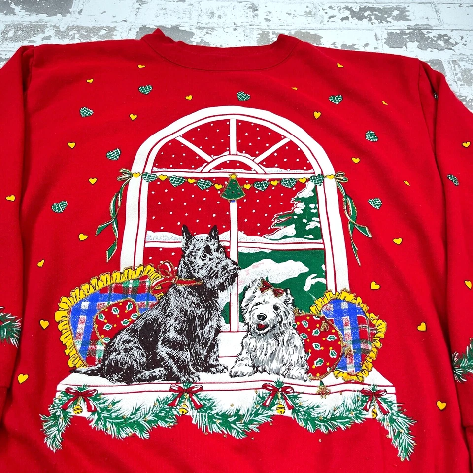 Vintage Christmas Sweater Women Large Red Crewneck Sweatshirt USA 90s Dog AOP * - Image 2 of 4