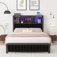 Full Size Bed Frame with 3-Tier Storage Headboard and LED Lights