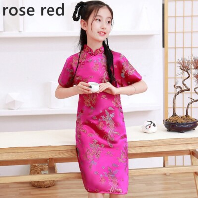 Girl Satin Cheongsam Qipao Dress Short Sleeve Tang Suit Dress Knee Length  Slim