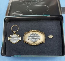Harley Davidson Bar & Shield Belt Buckle Pin & Keychain In Tin Display Case New