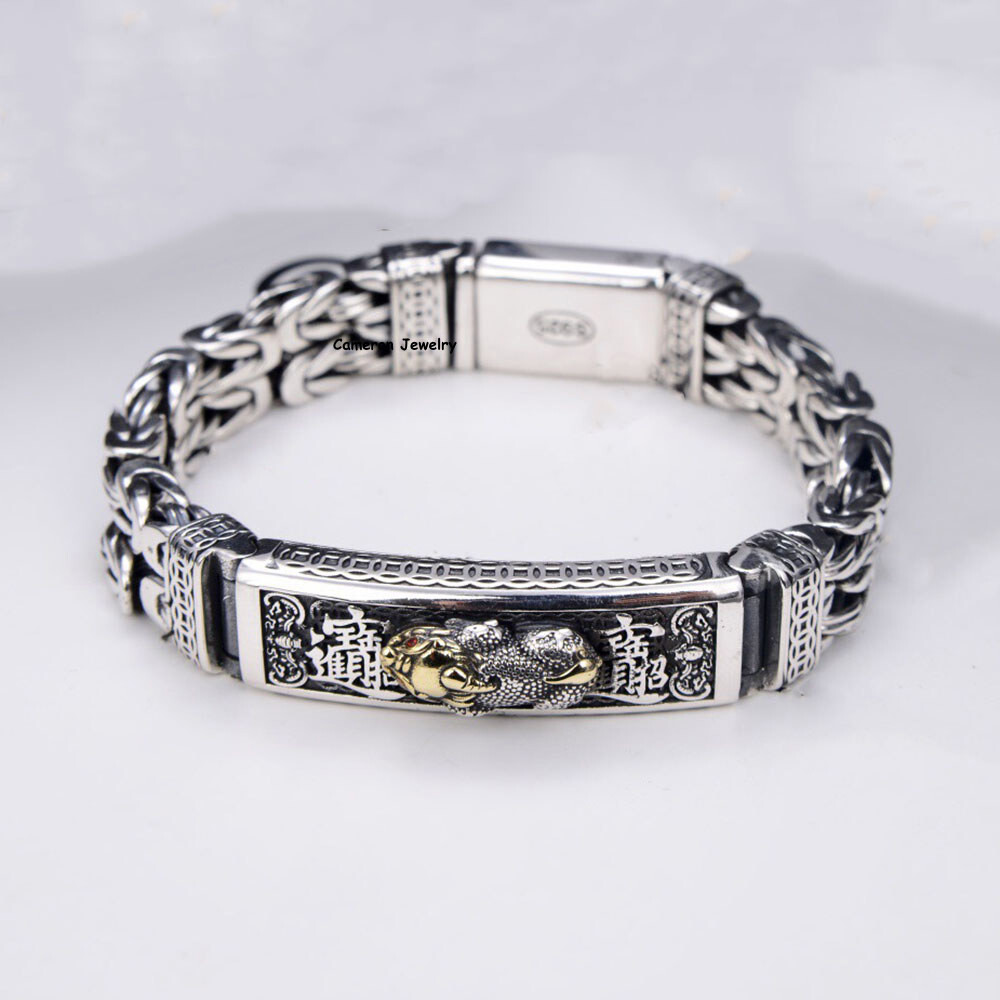 Real S925 Sterling Silver Bracelet 11mm Byzantine Pixiu Link Chain