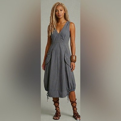 HANNA for LA Journee Taupe Nylon Sleeveless V-Neck Midi Ruched Parachute Dress 2