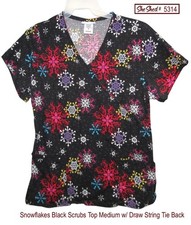 Snowflake Scrub Top Size Medium Cotton Black Multicolor Draw String Tie Back