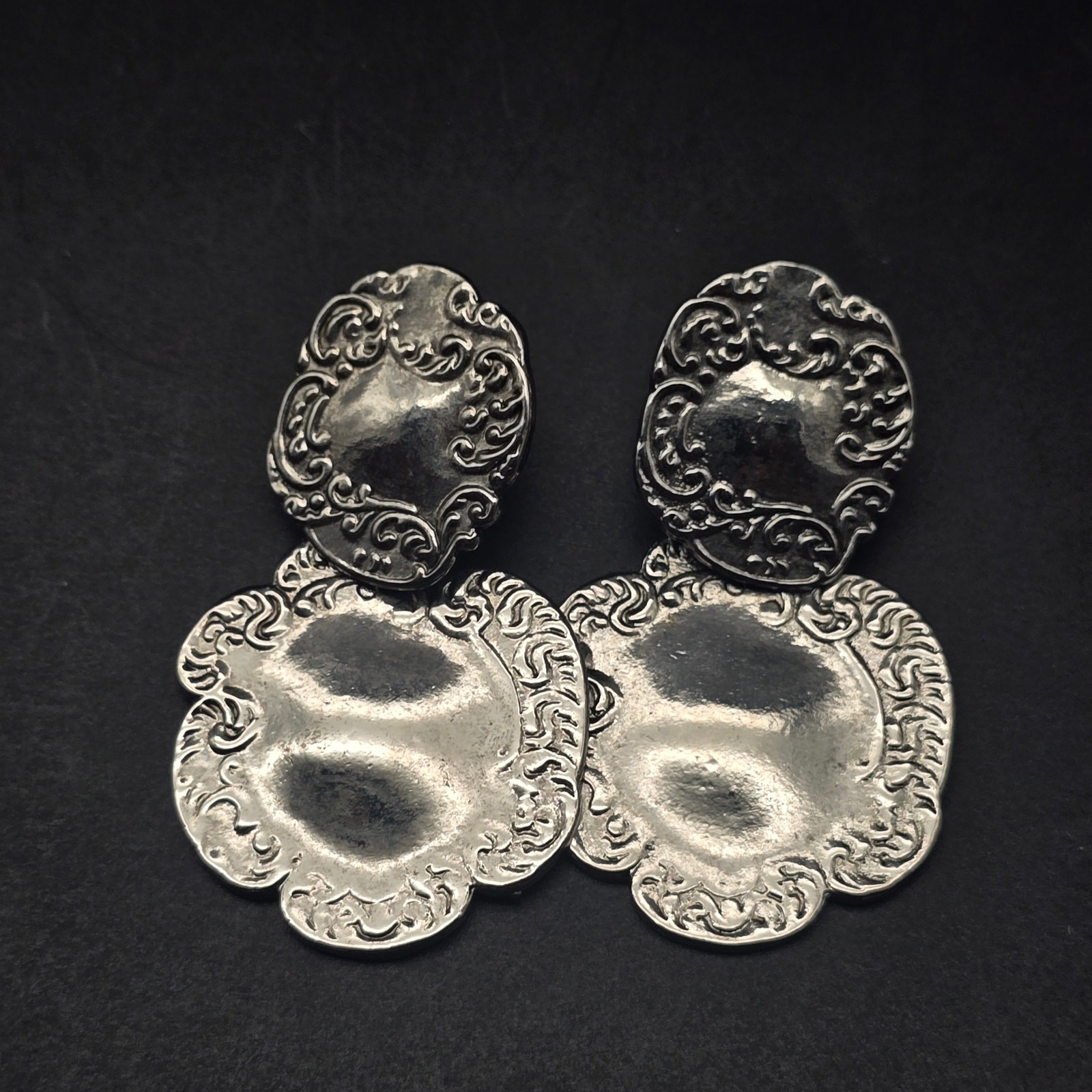 Silver Tone Repousse Earrings Large Statement Vin… - image 8