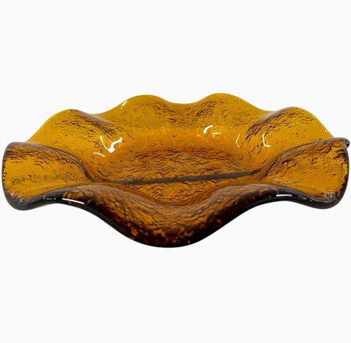 Vintage Amber Glass Ruffled Edge Textured Bowl Mid Century Modern - Picture 9 of 12