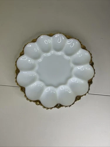 Vtg Anchor Hocking Fire King Milk Glass Gold Rim Egg Dish Plate 10”