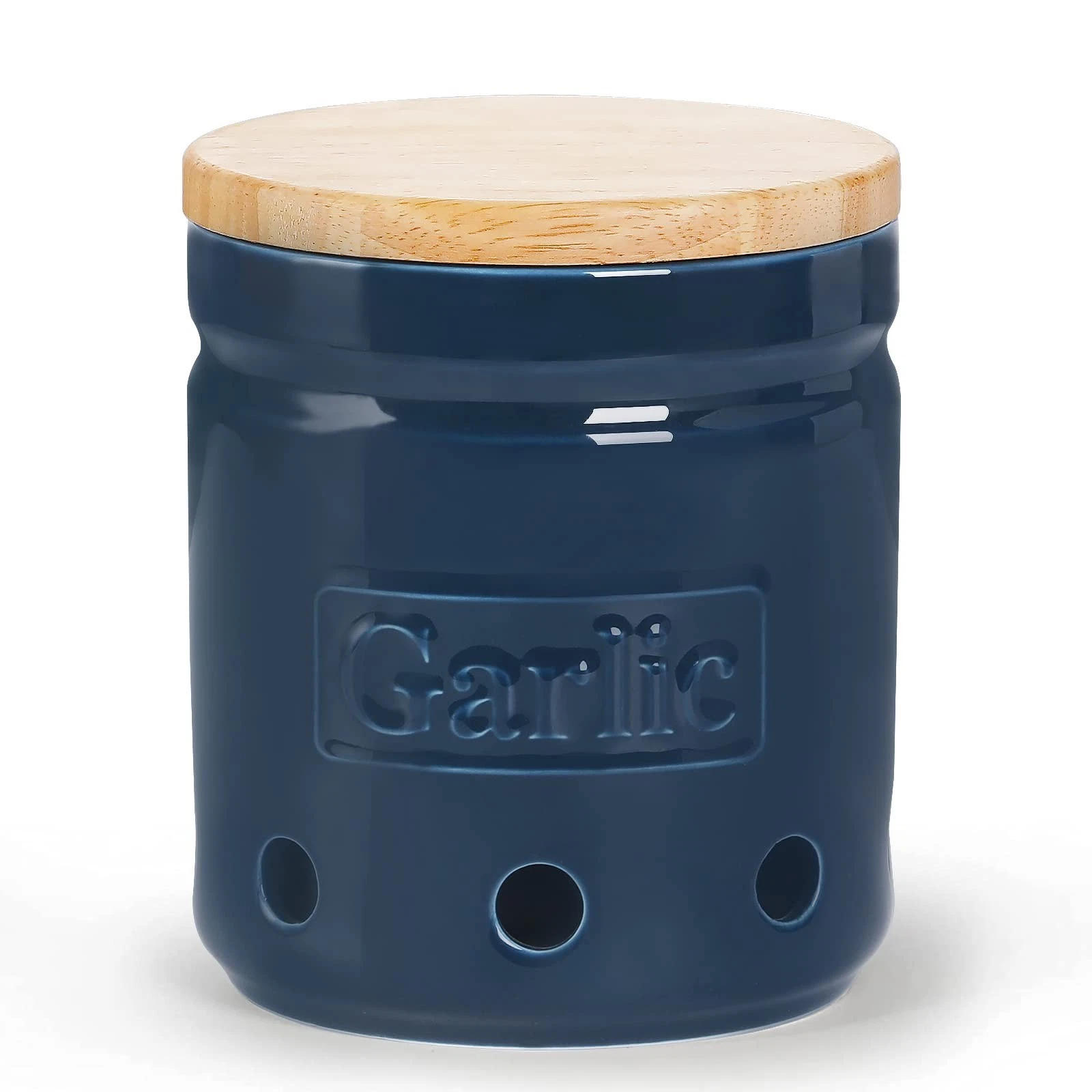 Large Garlic Keeper with Wooden Lid, Ceramic Garlic Holder Storage, Garlic Co...