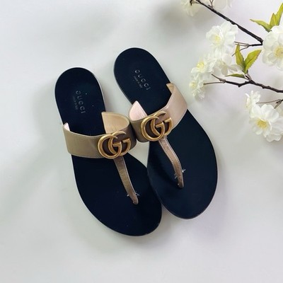Gucci GG Marmont Leather Sandals Gold Thong Flats