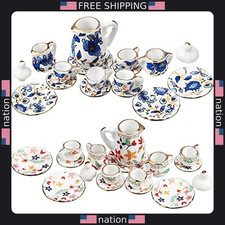 Miniature Porcelain Tea Set for Dollhouse 30-Piece Flower Pattern with Gold Trim