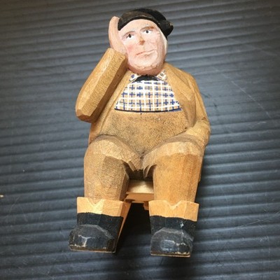 Vintage 1960s Hand Carved Wood Man Figure Sitting On A Chair w/ Black Hat 3''H