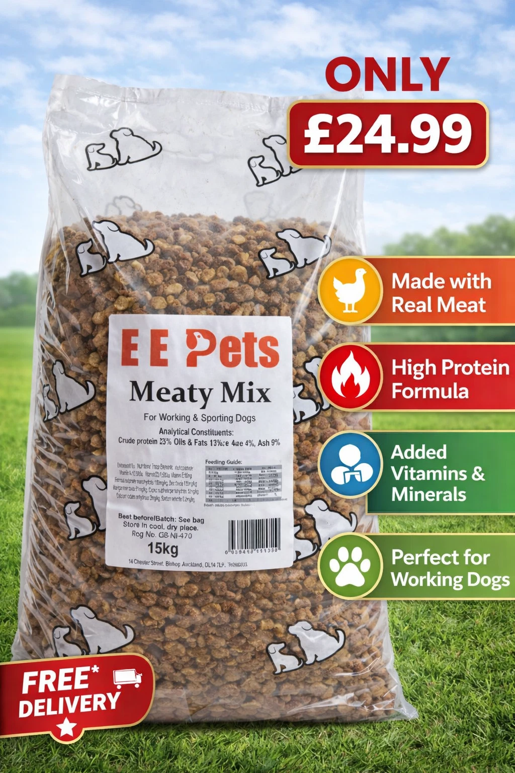 EE Pets Meaty Mix Dog Food 15kg High Protein Dry Dog Food for Working Dogs