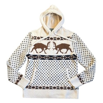 American Eagle Outfitters Deer Knit Hooded Sweater Men s S Cream Pullover