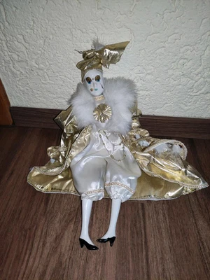 Porzellanpuppe, Harlekin, Clown gold - Bild 1 von 3
