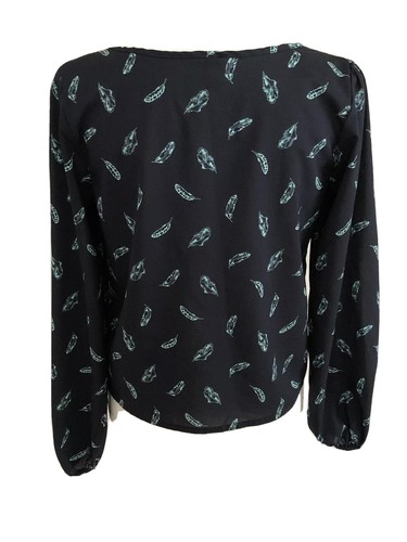 Mudd Women's LS Button Up Navy Blouse w Light Blue Leaves Cropped  Size M - Picture 6 of 10