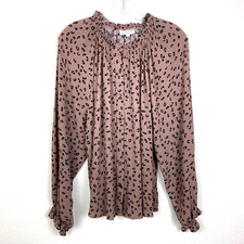 Studio B Blouse by BOBEAU Button Front Blouse Size XL Brown Animal Gauze Career