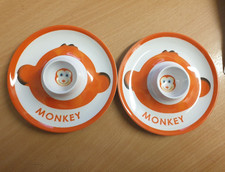 Children Junior Breakfast Novelty Egg Cup plate with orange Monkey design x2 NEW