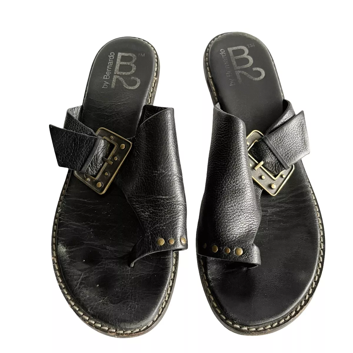 B2 by BERNARDO Women s Slide Sandals Size 9 M Black Leather Studded Buckle