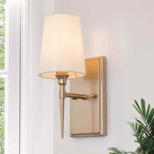 LNC 1-Light Modern Classic Gold Wall Sconce vanity Light Fabric Shade - Picture 1 of 10