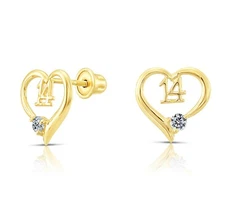 10K Real Solid Yellow Gold Heart 14 CZ Sleeper Studs Earrings Screw-back