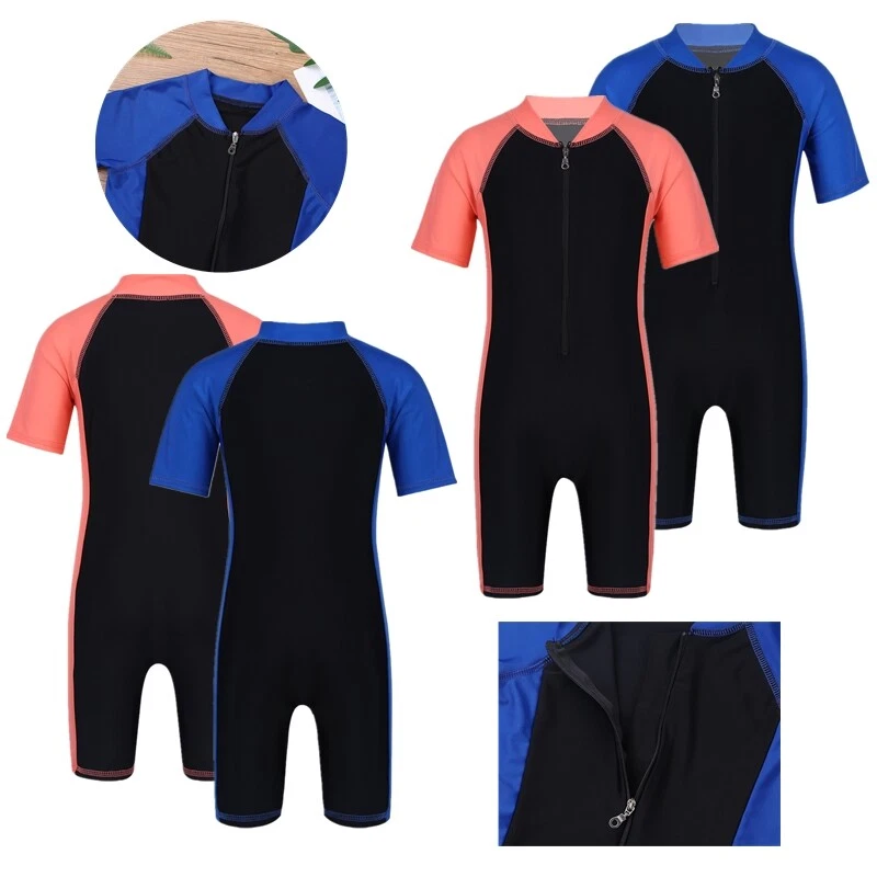 Unisex Boy Girl Short Sleeve Zipper Swimming Costume Swimsuit Rash Guard UPF 50