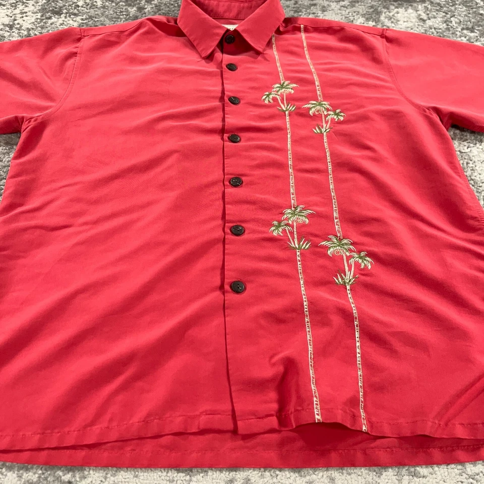 Vintage Hawaiian Shirt Large L Red Short Sleeve Embroidered Palm Tree 90s Cezani - Image 4 of 4