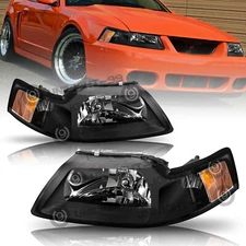 For 1999-2004 Ford Mustang SVT Black Headlights Assembly Amber Corner Lamps Set
